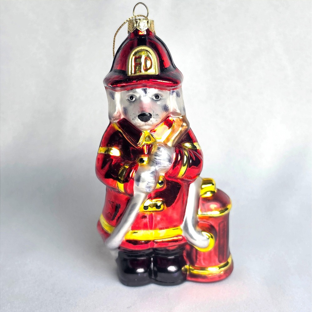 Dalmatian Firefighter Glass Christmas Ornament Fireman Dog Fire Hydrant Red FD